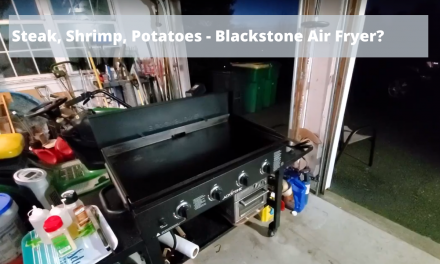 Blackstone Air Fryer combo (kind of) cooking steak, shrimp and potato wedges