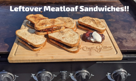 Leftover Meatloaf sandwiches on rye toast on the Char-Griller Flat Iron Griddle