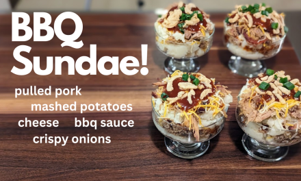 Delicious BBQ Sundae!  Pulled pork, mashed potatoes, cheese…