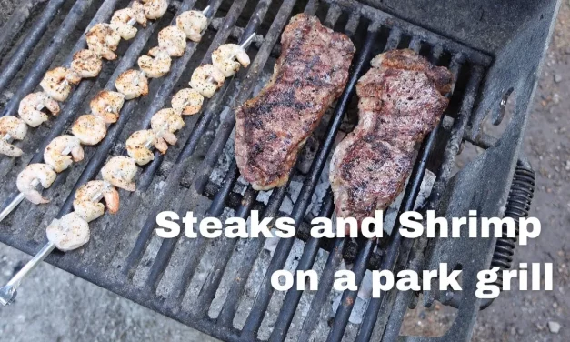 Cooking Steak and Shrimp on a Park Grill